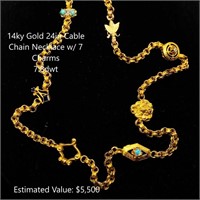 14kt 24inch Cable Chain Necklace w/ 7 Charms