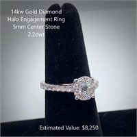 14kt Diamond Halo Engagement Ring, 5mm Center