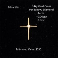 14kt Gold Cross Pendant w/ Diamond, ~0.06ct