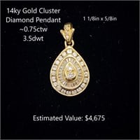 14kt Diamond Cluster Pendant, ~0.75ctw