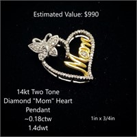 14kt Two Tone Diamond "Mom" Heart Pendant