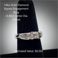 14kt Dia. Bypass Engagement Ring, ~0.40ct Center