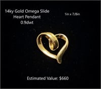 14kt Gold Heart Omega Slide Pendant, 0.9dwt