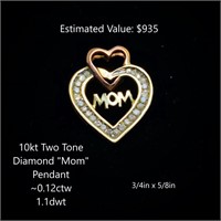 10kt Two Tone Diamond "Mom" Pendant, ~0.12ctw