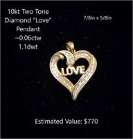 10kt Two Tone Diamond "Love" Pendant, ~0.06ctw