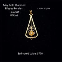 14kt Diamond Filigree Pendant, ~0.025ct, 0.9dwt
