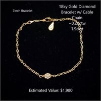 18kt Diamond Bracelet w/ Cable Chain, ~0.20ctw