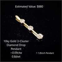 10kt 3-Cluster Diamond Drop Pendant, ~0.09ctw