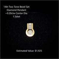 14kt Bezel Set Diamond Pendant, ~0.20ct Center
