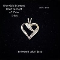 10kt Diamond Heart Pendant, ~0.15ctw, 1.3dwt