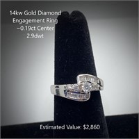 14kt Diamond Engagement Ring, ~0.19ct Center