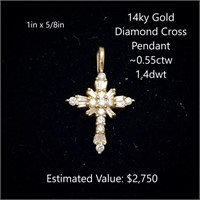 14kt Diamond Cross Pendant, ~0.55ctw, 1.4dwt