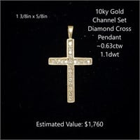 10kt Channel Set Diamond Cross Pendant, ~0.63ctw