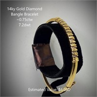 14kt Diamond Bangle Bracelet, ~0.75ctw, 7.2dwt