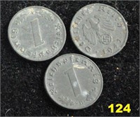 Three 10 REICHSPFENNIG Nazi German Coins.