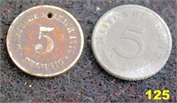 Two 5 REICHSPFENNIG Nazi German Coins.