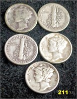 1934, 1937, 1942, 1943, & 1945 Silver  Mercury Dim