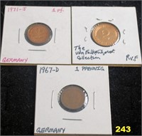 3 X German One Pfennig Mounted Coins.