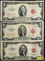 (2) $2 1953A Series, (1) 1953C, Red Seal.