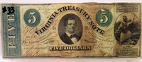 AUTHENTIC 1862 VIRGINIA TREASURY $5 NOTE