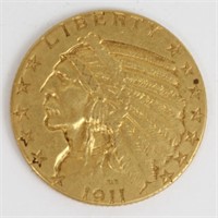 1911 $2.50 INDIAN GOLD COIN RAW