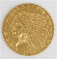 1908 $5 INDIAN GOLD COIN RAW