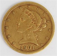 1901 S LIBERTY HEAD $5 GOLD COIN RAW