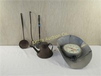 ANTIQUE HANGING SCALE, SKIMMERS, TOLEWARE: