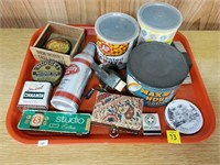 Tray Lot of Assorted Advertising Tins, Wood Box,