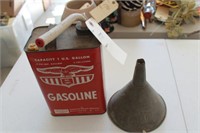 Vintage gas can and metal funnel