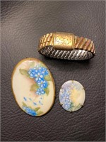 Antique Porcelain Hand Painted Brooch & Bracelet