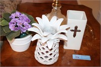 FAUX VIOLET, PINEAPPLE CANDLE HOLDER, CROSS VASE