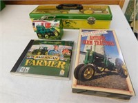 J. Deere tin box, mini lunch bucket, CD & VHS tape