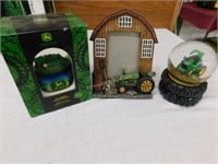 J. Deere picture frame & 2 snow domes