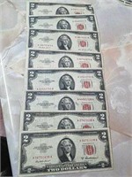Eight 1953 $2 bills circulated