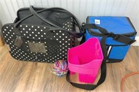 cat carrier, lunch box & scoop