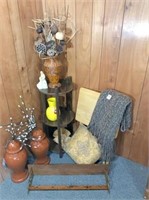 Small wood shelf, cook rack & misc. household
