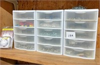 3-plastic parts bins, contents & timer