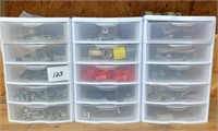 3-plastic parts bins & contents