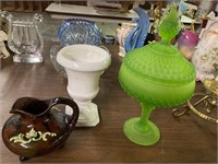 Weller pottery,milk glass vase,green compote