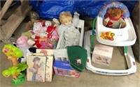 baby doll, crib, walker, plaques & toys