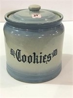Blue & White Stoneware Cookie Jar w/ Lid