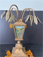 Art Nouveau Reverse Painted Glass Metal Lamp