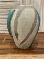 Beautiful 7.5" Signed Green & Gray Raku Vase