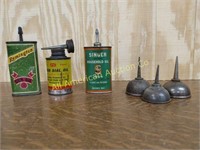 3 SMALL OIL CANS AND 3 SMALL THUMB OIL CANS