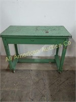 GREEN PRIMIVITE ROLL AROUND SHOP TABLE