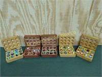 5 SMALL WOODEN MARBLE CASES WITH 12 IN EACH