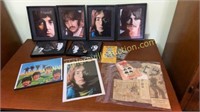 Framed Beatles photos and paper goods-stamps