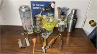 Vintage shakers, bar tools, bottle openers, olive