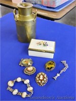 Various Costume Jewely w/Box & Brass Milk Can
